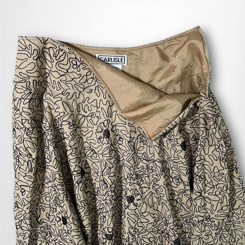 Vintage Carlisle Embroidered Line Art Linen A Line Beige Midi Skirt Size 14 - Picture 6 of 11